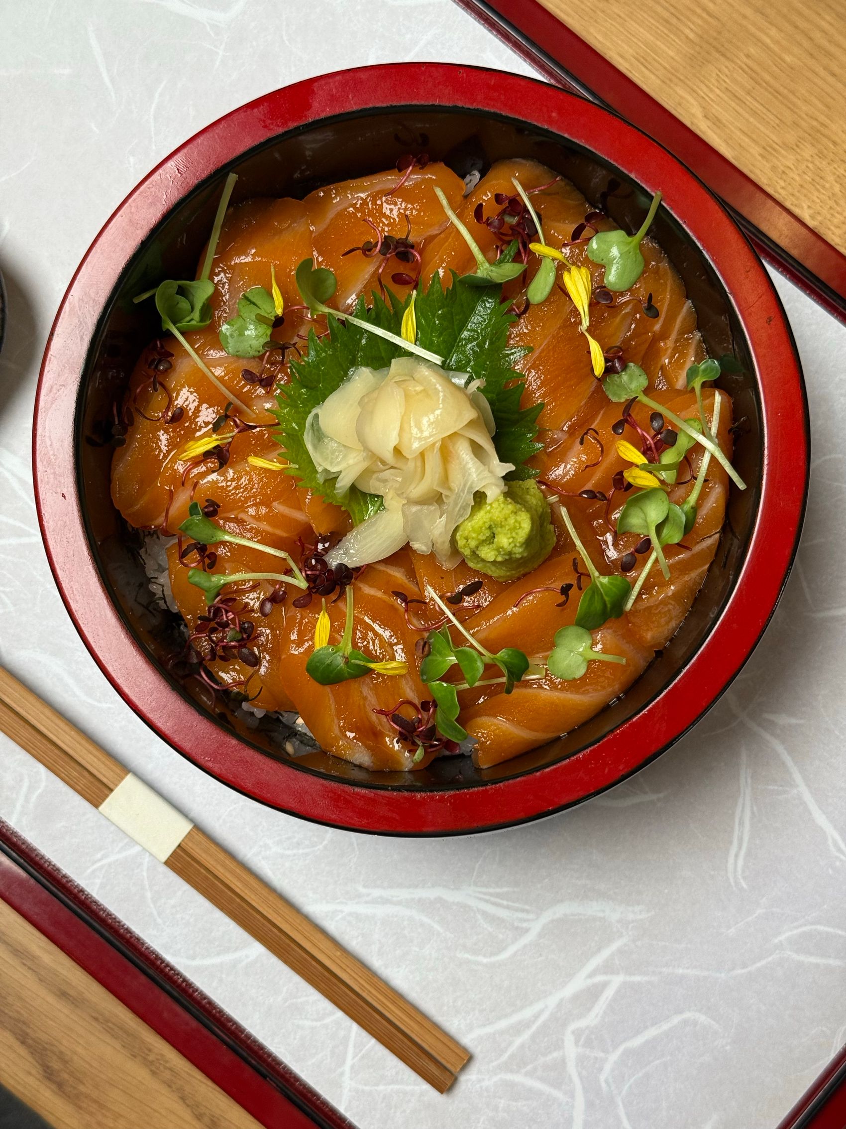 A salmon and rice donburi bowl