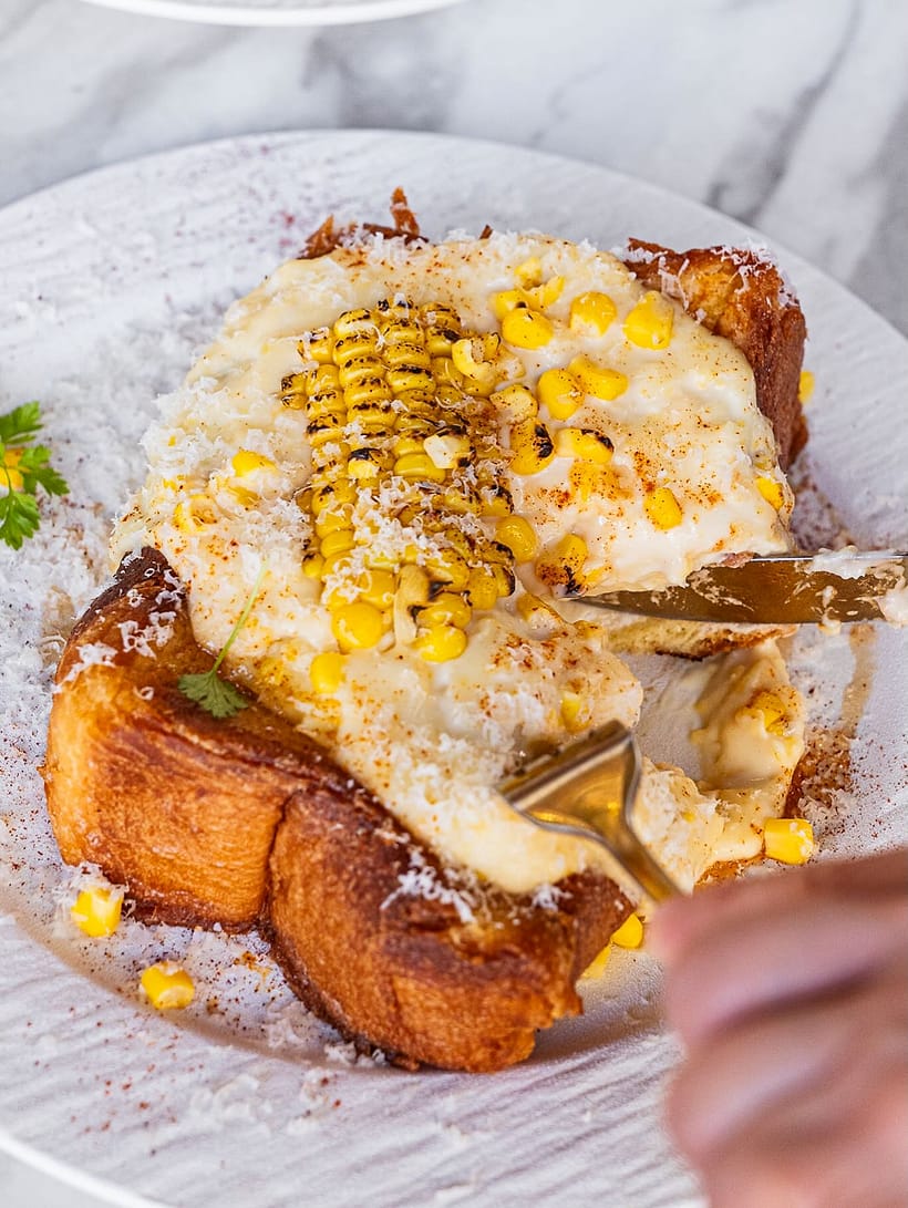 Salmon over corn and egg