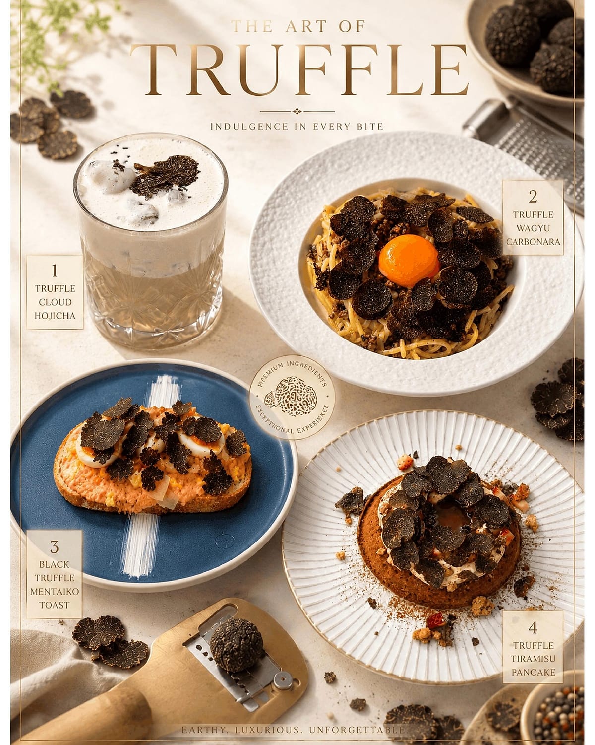 A flatlay of truffle plates and lattes at Two Sis & Co